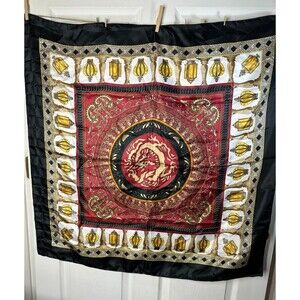 Oriental Design Women's Scarf 100% Polyester Black Red Gold 34in Square